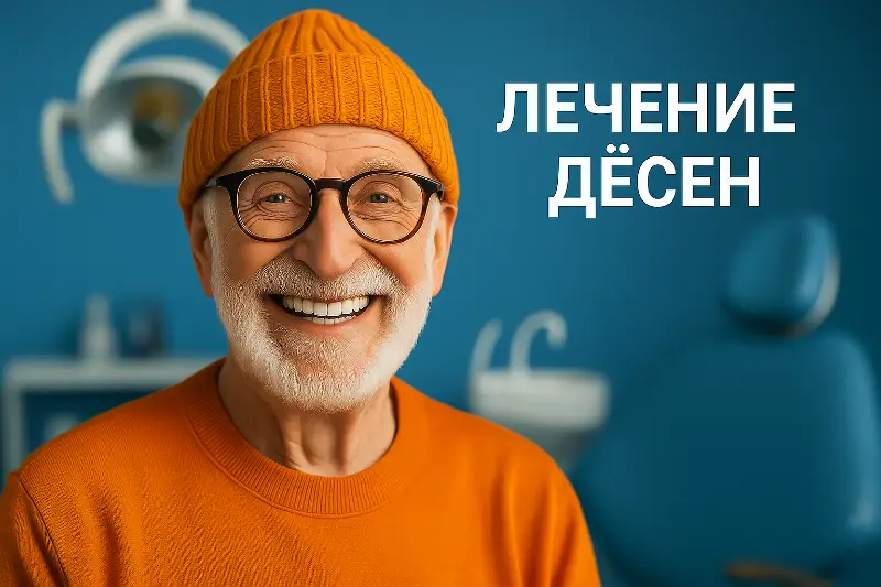 Пожилой мужчина в оранжевой шапке улыбается после лечения дёсен в стоматологии Хуньчуня